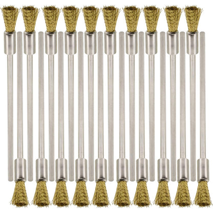 20PCS Brass Wire Brushes with Extended Handle - Metal Rust Removal, Polishing, Cleaning - 6mm Diameter, 1/8″ (3mm) Shaft, 100mm Length - Removes Burrs, Dust, and Oxide Layer - Rotary Tool Accessories
