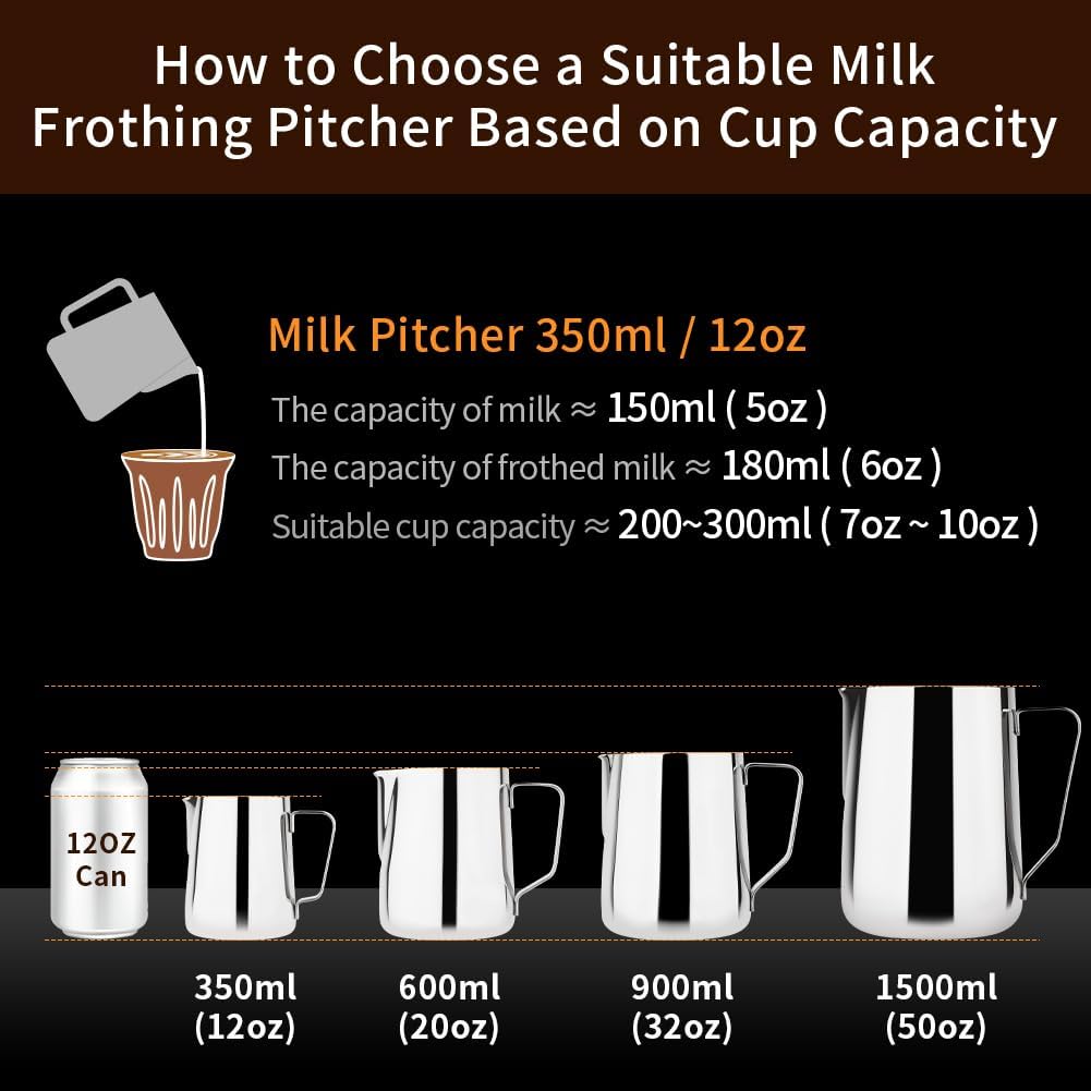 watchget Milk Frothing Pitcher 350ml/600ml/900ml/1500ml (12oz/20oz/32oz/52oz) - Stainless Steel Espresso Steaming Pitcher for Cappuccino, Latte Art, Milk Jug Coffee Frother Cup, Silver