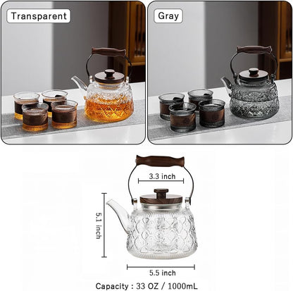 IwaiLoft Stovetop Safe Glass Teapot with Malus Spectabilis Pattern Removable Infuser Fine Borosilicate Tea Pot perfect for Fruit Flowering Tea Canister Premium Quality Tea Kettle Gift(Gray)