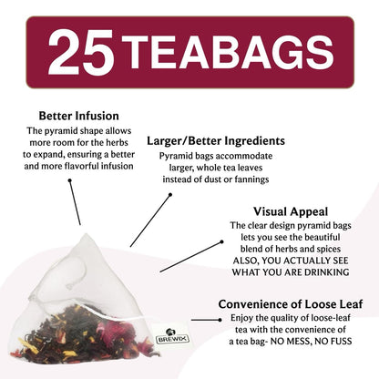 BREWIX, Hibiscus Lychee Tea Bags (25 Plant Based Tea Bags) Caffeine-Free, Made with Real - Hibiscus Flowers, Black Tea, Rosehip, Apple, Licorice, Rose | Contains Antioxidants & Support Overall Health