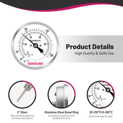 Dial Thermometer for Brewing, 304 Stainless Steel Case and Probe, 3" Dial Size, 2" Stem Length, 32-212 Deg F/0-100 Deg C, 1/2" NPT Back Mount