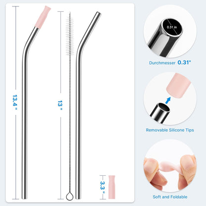 Repeatable Metal Straw with Silicone Tips for 40 oz Stanley Tumbler, 2 Pcs 40 oz Stainless Steel Straws Replacement for Stanley Tumbler, 1 Straw Brush, BPA Free（Light Pink）