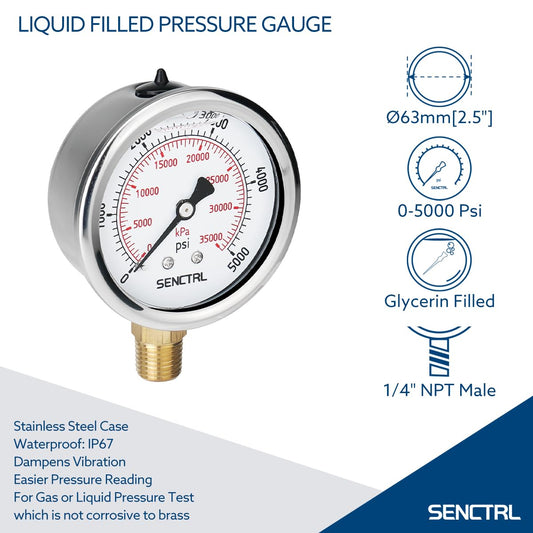 SENCTRL 5000 Psi Glycerin Liquid Filled Hydraulic High Pressure Gauge, 2.5" Dial Size, 1/4" NPT Lower Mount, Stainless Steel Case, for Air Gas Water Oil Pressure Test