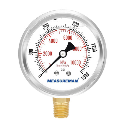MEASUREMAN 2-1/2" Dial Size, Glycerin Filled Pressure Gauge, 0-1500psi/kpa, 304 Stainless Steel Case, 1/4" NPT Lower Mount