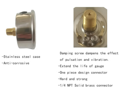 Pressure Gauge,Liquid Filled,2.5" Dia,0-100 psi/bar/kpa,1/4" NPT Back Mount, Polycarbonate Lens Window, Stainless Steel case