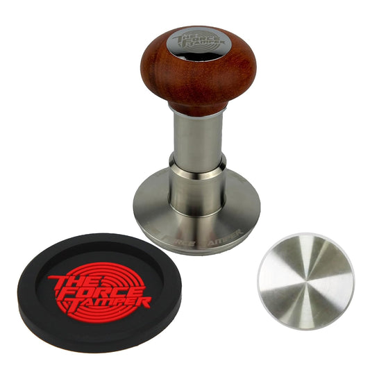 The Force Tamper Automatic Impact Adjustable Constant Pressure and Autoleveling Coffee Tamper Reddish Brown Jellyfish Wooden Handle Set Pro (Standard Set, 58.35mm)