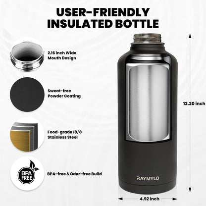 Insulated Water Bottle 87 oz, Triple Wall Vacuum Stainless Steel (Cold for 48 Hrs), Leak Proof & Non-BPA, Modern Water Flask Jug with Paracord Handle & Straw Spout Lids, Magic Black