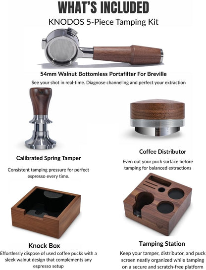 Breville Espresso Machine Accessories Set– 54mm Bottomless Portafilter, Calibrated Tamper, Coffee Distributor, Knock Box and Tamping Station