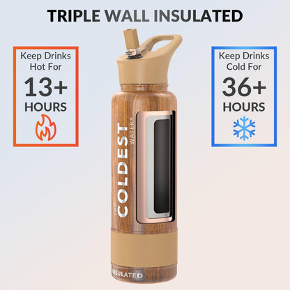 Coldest Insulated Water Bottle with Straw Lid - Stainless Steel Metal Insulated Bottle for Men & Women (Executive Wood, 40 oz)