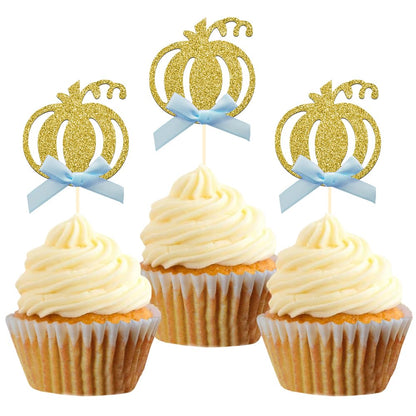 24pcs Pumpkin Cupcake Toppers, Fall Theme Cake Decoration for Baby Shower Party Supplies (Blue Bow)