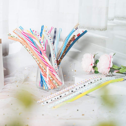 50 Pack Bent Reusable Straws, BPA-Free, 9" Colorful Hard Plastic Stripe Drinking Straw for Mason Jar Tumbler, Family or Party Use With Cleaning Brush
