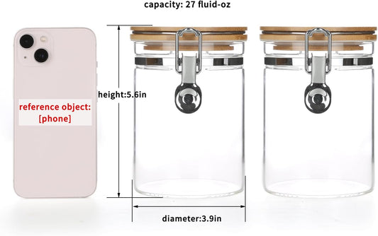 KKC HOME ACCENTS Borosilicate Glass Sealed Jars with Airtight Lid, Airtight Glass Food Storage Container with Locking Clamp Bamboo Lid for Loose Tea,Sugar,Cocoa,Coffee Canister,27 fl oz