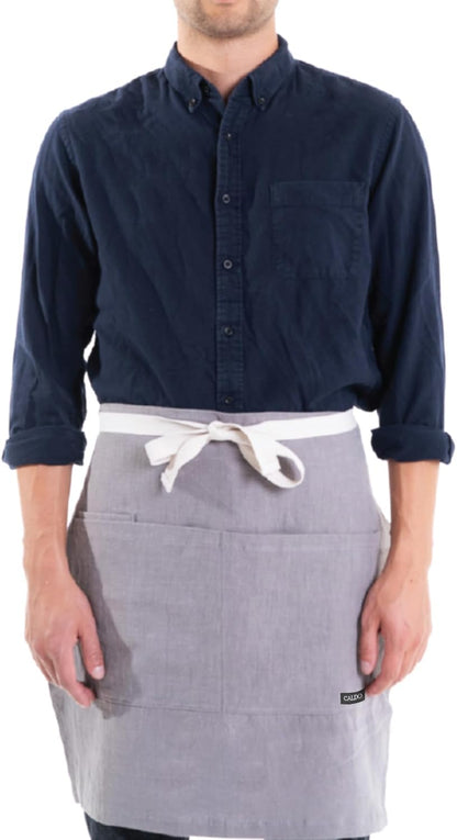 Caldo Linen Bistro Cafe Apron - Professional Grade with Pockets, Half Kitchen Apron, Mid Length 23 x 23, 40 Inch Waist Ties - Durable Unisex Uniform- Server or Chef (Grey)