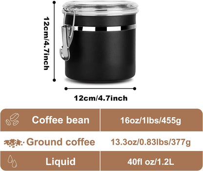 Stainless Steel Food Container with Clear Lids Airtight Storage Container Stackable Small Canisters Kitchen Pantry Storage for Cereal, Snacks, Candy, Herbs, Spices, Sugar, Tea (1.2L Black)