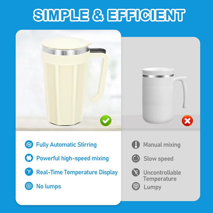 Self Stirring Coffee Mug with Temperature Display, 15oz Automatic Magnetic Mixing Cup, Rechargeable Travel Mug for Coffee, Milk, Cocoa - (White)