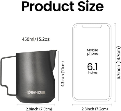 MHW-3BOMBER Milk Frothing Pitcher 450ml/15.2oz Milk Frother Cup Espresso Steaming Pitcher Stainless Steel Milk Frother Cup Barista Latte Art Round Spout Milk Jug, Silver spot P6003SS-OS