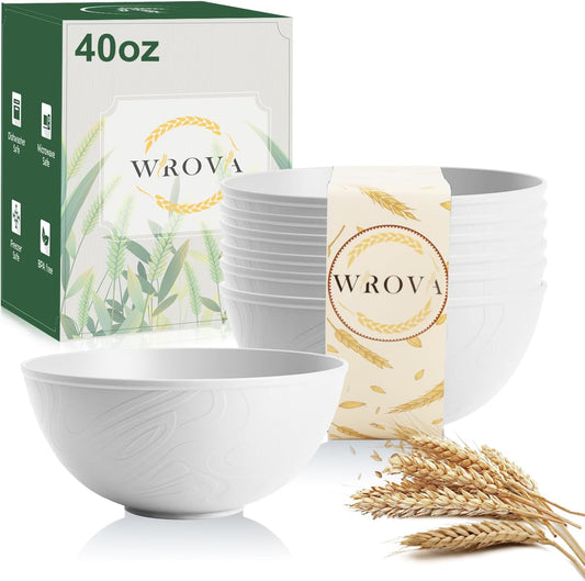 White Wheat Straw Bowls for Cereal and Salad,Alternative Plastic Bowls Set of 6,40oz Unbreakable Soup Bowls suitable for Kitchen,Party,Camping and R.V.