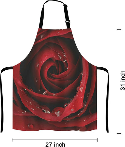 Dark Red Rose with Water Droplets Apron Home Kitchen Waterproof Cooking Baking Gardening for Women Men