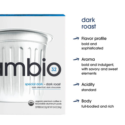 Cambio Roasters® Dark Roast Coffee Pods Recyclable Aluminum K Cup Dark Roast Coffee Pods Dark Roast, 10 Count, KCup Compatible, 100% Arabica Beans
