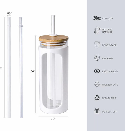 Kodrine 20oz Glass Tumbler with Straw and Lid, Bamboo Lids Water Bottle, Reusable Iced Coffee Cups, Wide Mouth Smoothie Cup with Protective Silicone Sleeve BPA FREE-White+Pink-2pack