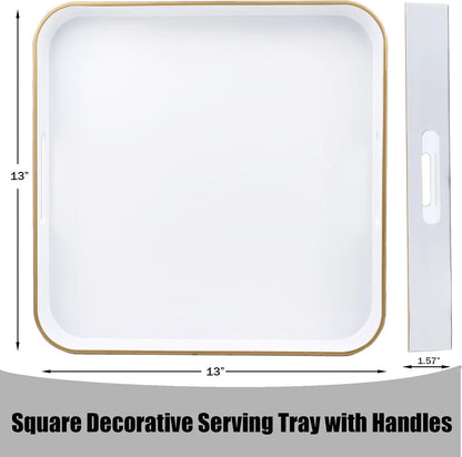 White Square Decorative Tray with Handles, 13"*13" Versatile Serving Tray for Coffee Table, Ottoman, Ideal for Serving, Displaying, Organizing
