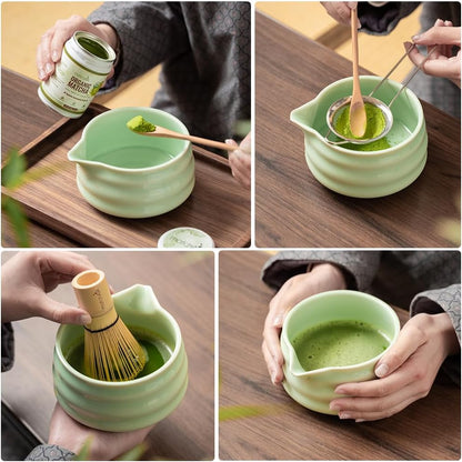 7 Pcs Matcha Set - Ceramic Bowl, Bamboo Whisk with Holder, Sifter, Schima Spoon, Spoon Rest and Tea Towel, Complete Kit for Traditional Matcha and Modern Lattes (Green)
