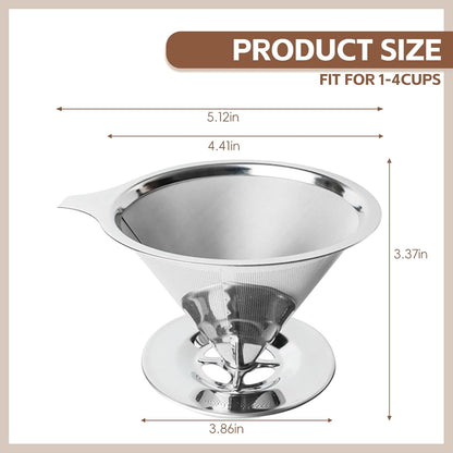 Pour Over Coffee Dripper Stainless Steel Coffee Filter Metal Cone Filter Extra Fine Wire Mesh Reusable Coffee Filter Coffee Maker (Silver, 1-4 Cups)