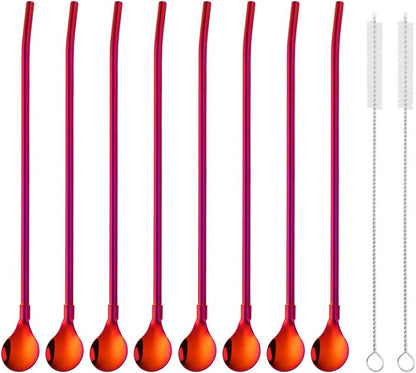 Straw Spoon, 8PCS 8.5inch Orange Red 18/8(304) Stainless Steel Metal Straws Reusable + 2 Brushes
