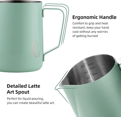 Milk Frothing Pitcher - 600ml/20oz Milk Frother Cup Espresso Steaming Pitcher for Barista, Bincoo SUS304 Stainless Steel Espresso Steaming Pitchers for Latte Art/Cappuccino/Coffee/Milk (Green-600ml)