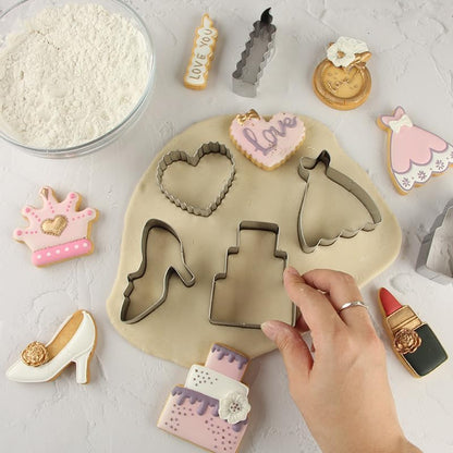 12 Wedding Cookie Cutters Shapes Set for Baking Including Bride and Groom Diamond Ring Wedding Cake Candle Wedding Dress Champagne Glasses Lipstick Heels Etc.