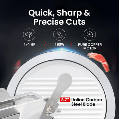 Toogood 8.7" Commercial Slicer, 1/4 HP Electric Meat Slicer, Italian Carbon Steel Blade, Quiet Performance, Semi-frozen Meat/Cheese/Food Slicer, 0.5mm to 15mm Thickness