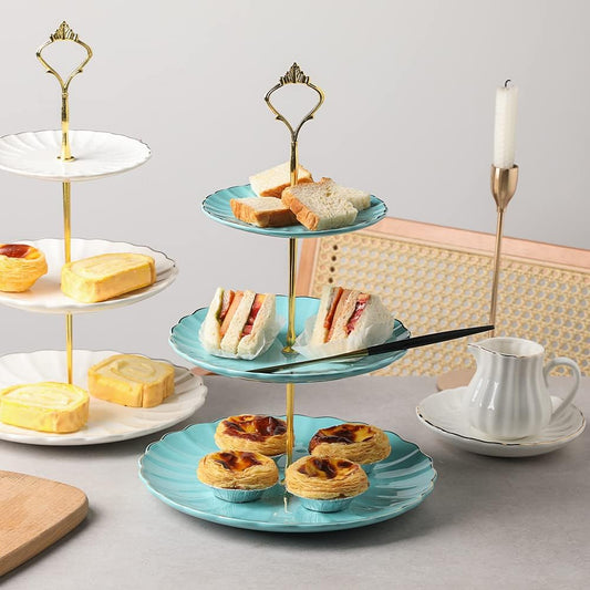 Sweejar 3 Tier Ceramic Cake Stand Wedding, Dessert Cupcake Stand for Tea Party Serving Platter (Turquoise)