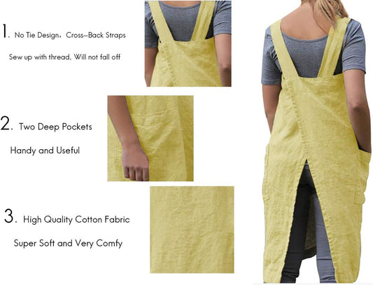 Women's Pinafore Square Apron Baking Cooking Gardening Works Cross Back Cotton/Linen Blend Dress with 2 Pockets