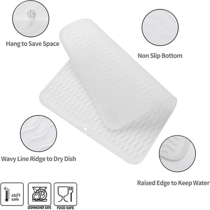 Silicone Dish Drying Mat for Multiple Usage,Easy clean,Eco-friendly,Heat-resistant Silicone Mat for Kitchen Counter or Sink,Refrigerator or drawer liner Translucent L 16 inches x 12 inches