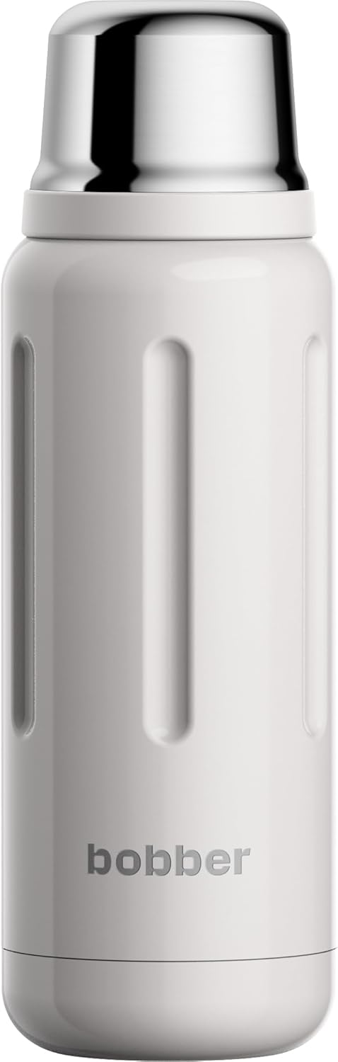 BOBBER 26 oz Stainless Steel Thermos for Hot Water with Cup – BPA-Free, Dishwasher Safe Coffee Thermos Flask – Keeps Hot for 36 Hours – Vacuum Insulated Hot Water Flask for Men, Tea (Sand Grey)
