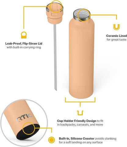 RTIC 26oz Journey Bottle Metal Stainless Steel Vacuum Insulated, BPA Free, Reusable, for Water, Hot and Cold Drinks, Travel, Sports, Camping, Peach Tea