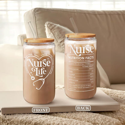 SANDJEST Nurse Life Glass Can Cup with Lid & Straw, Iced Coffee Aesthetic Cups, Idea Gift for Christmas Birthday Mother Day Nurse Week, Gifts for Women Friends, 16oz