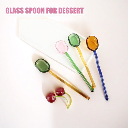 5 Pieces Glass Spoons, Creative Colored Transparent Coffee Milk Glass Dessert Stirring Spoon Curved Handle Tools for Tea Sugar Home Bar Party (Square)
