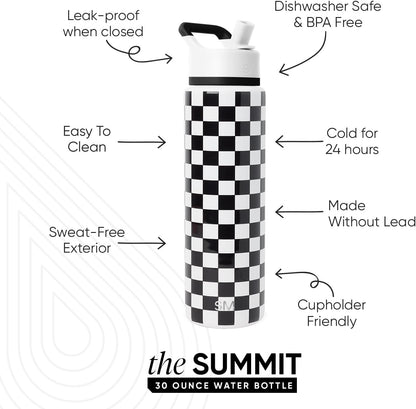 Simple Modern Water Bottle with Straw Lid | Vacuum Insulated Stainless Steel Metal Thermos | Reusable Leak Proof BPA-Free Flask for Sports Gym | Summit Collection | 30oz, Black and White Checkmate