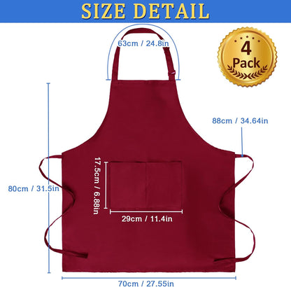 4 Pack Chef Apron, Adjustable Apron with 2 Pockets, Unisex Personalised Apron for Cooking, Kitchen, Restaurant