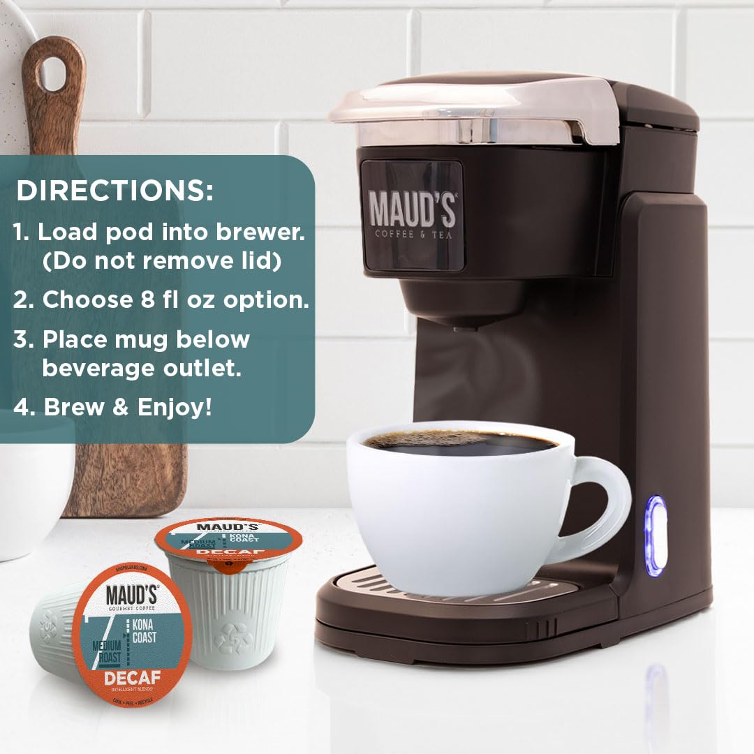 Maud's Decaf Kona Coffee Pods, 18 ct, Decaffeinated Medium Roast Coffee in Recyclable Single Serve Pods – 100% Arabica Coffee, Compatible with Keurig K Cups Maker