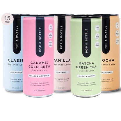 Pop & Bottle, Oat Milk Lattes - Maca, Antioxidants, Ashwagandha, MCT Oil, Collagen, Mushrooms, Organic, Dairy & Gluten Free, Great as Iced Coffee, Lightly Sweetened with Dates - 8 Fl Oz (15 Pack)