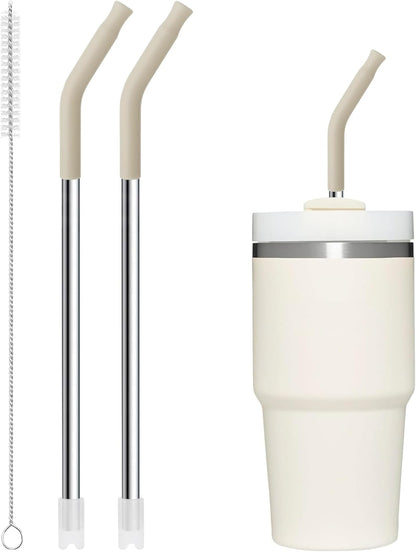 Snowfall 2 Pcs Replacement Metal Straws for Stanley 14 OZ, 20 OZ Tumbler, Stainless Steel Straws with Silicone Tip for 20 OZ Tumbler, Straw Brush (Cream Gray)