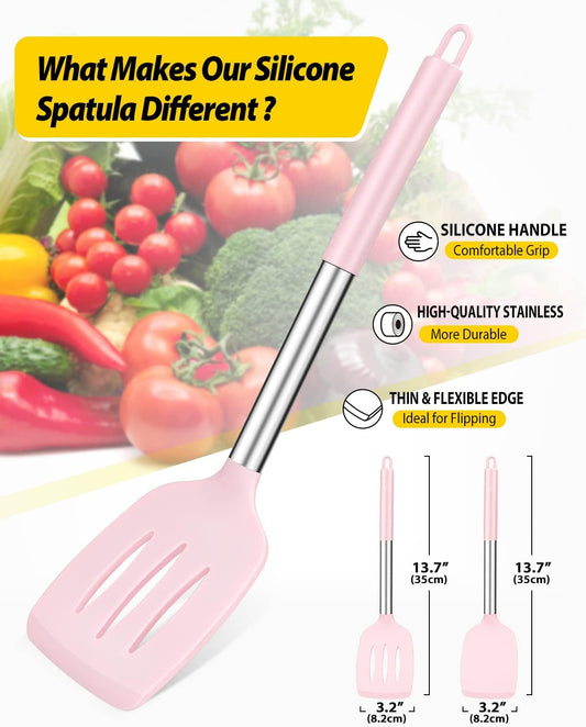 Pack of 2 Silicone Solid Turner, Non Stick Slotted Kitchen Spatulas, High Heat Resistant BPA Free Cooking Utensils, Ideal Cookware for Fish, Eggs, Pancakes(Pink)