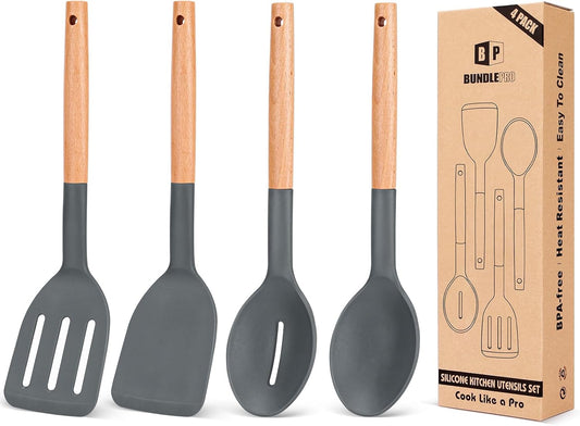 Pack of 4 Silicone Cooking Utensils Set, Non Stick Solid Spatulas and Heat Resistant Slotted Spoons with Wooden Handle, Ideal Wood Kitchen Utensils Set for Frying,Serving,Turning,Stirring (GRAY)