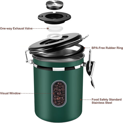 ROCKY&CHAO Airtight Coffee Canister with Date Tracker & Transparent Window, 22OZ Large Tea Coffee Canisters, Coffee Storage Canister, Coffee Container with 30ml Measure Spoon and 4 Co2 Valve(Green)