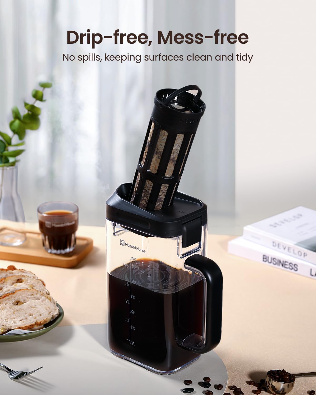 Maestri House Compact Cold Brew Coffee Maker, 40oz Iced Tea and Coffee Maker Brewer Space Saving Tritan Pitcher, 350 Mesh Filter, 100% Leak-Proof