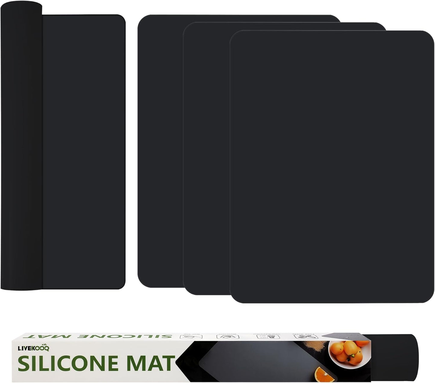 Silicone Mat for Kitchen Counter, Silicone Mat Trimable to Size (Black, 15.7×11.8inch-4pcs), BPA-Free Silicone Placemat, Heat-Resistant NonSlip Table Mat for Air Fryer, Countertop Protector Mat
