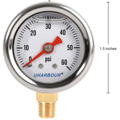 Glycerin Filled Pressure Gauge with 304 Stainless Steel Case, 1-1/2" Dial Size, 0-60Psi, High Accuracy, 1/8" NPT Center Lower Mount