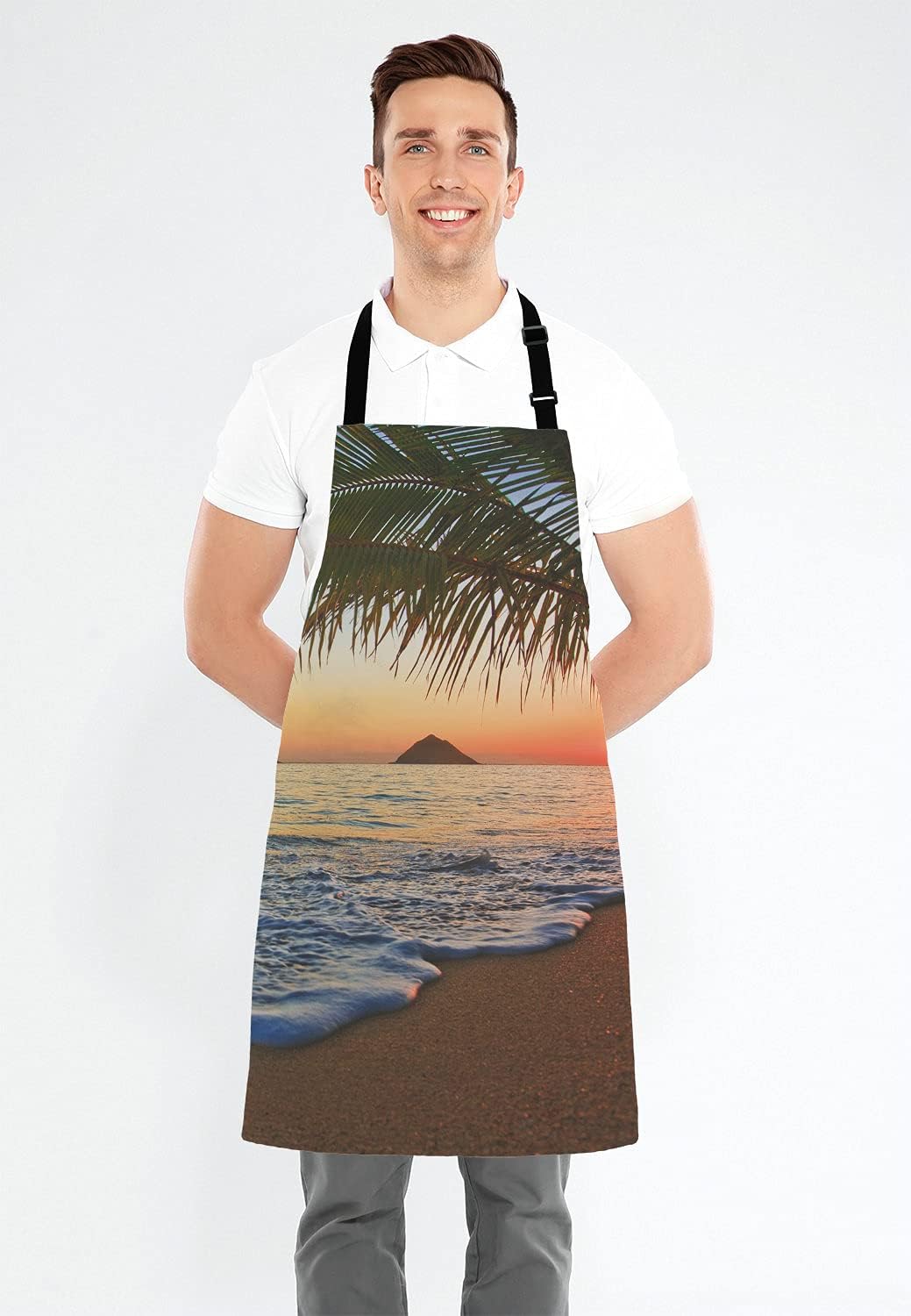 Pacific Sunrise At Lanikai Beach Adjustable Bib Apron, Hawaii Colorful Sky Wavy Cooking Kitchen Apron for Men Women